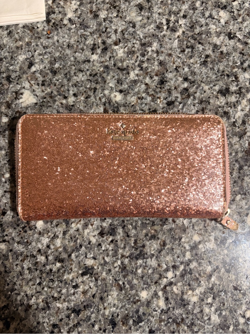 kate spade glitter zip-around wallet in rose gold